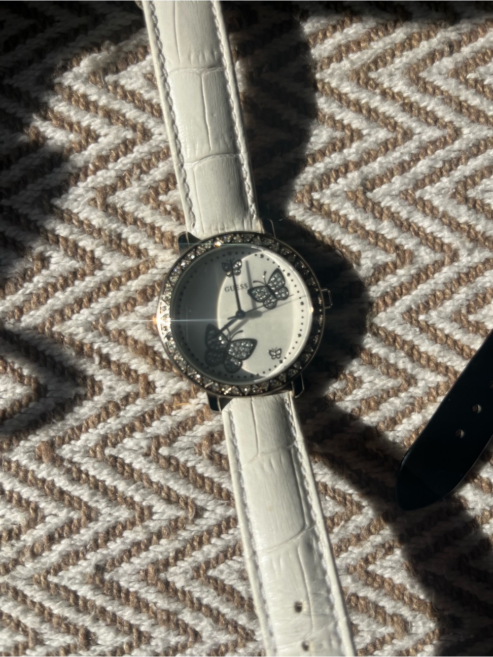 GUESS White Leather Butterfly Crystal Watch
